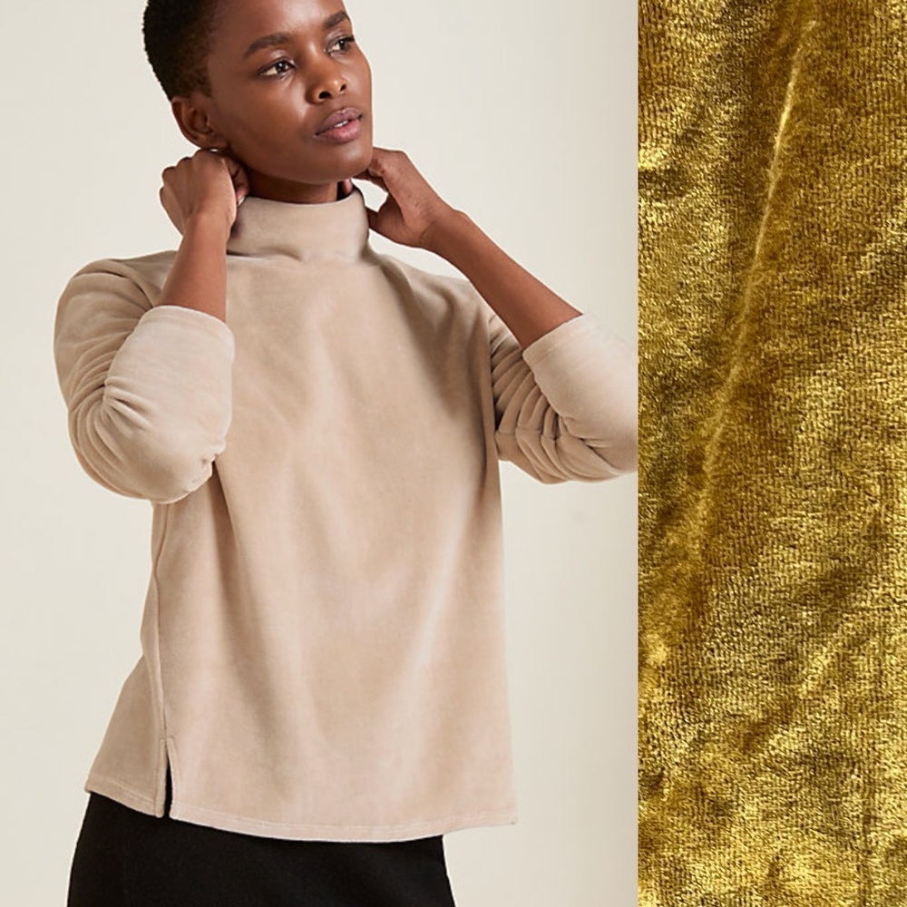 Garnet Hill Velour Knit Turtleneck Top Golden Yellow Mustard XL